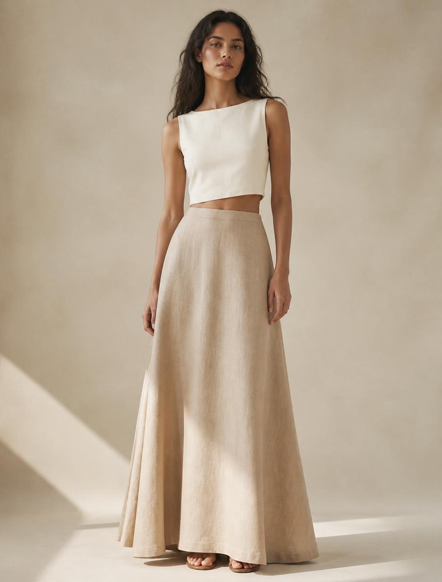 NotchGrain demo photograph — Separate A-line skirt in sand linen, floor-length (maxi), plain waistband at the natural waist, no visible front opening; worn with an unrelated cropped top that the interpretation does not claim.