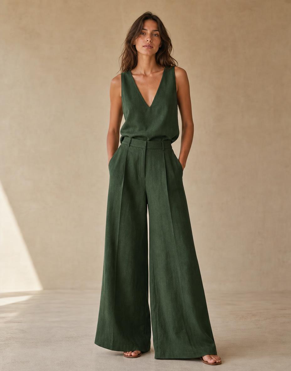 NotchGrain demo photograph — Two separate garments in forest green linen: a sleeveless top with an unmistakable deep V-neckline (no collar, no sleeves), and high-waisted wide-leg trousers with a visible waistband and very wide floor-length hems.