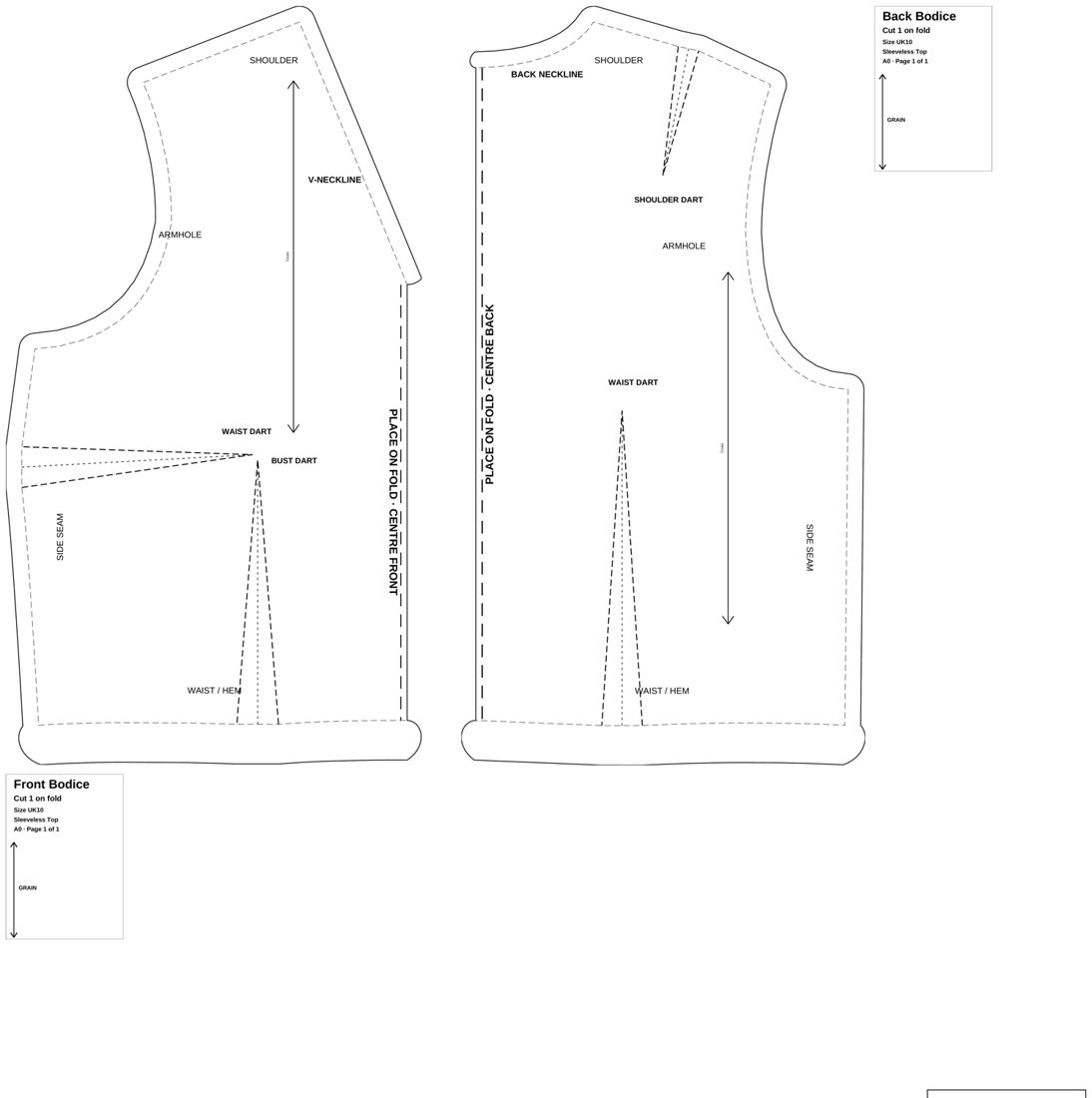 A0 sleeveless top sheet with seam allowance included: solid cutting line outside the dashed stitching line